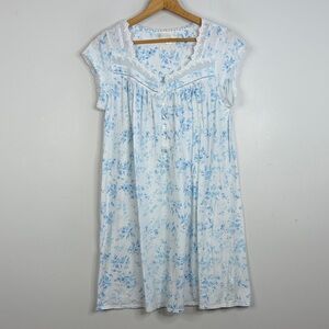 Eileen West Nightgown Womens Medium White Blue Floral Cotton Jersey Short Sleeve